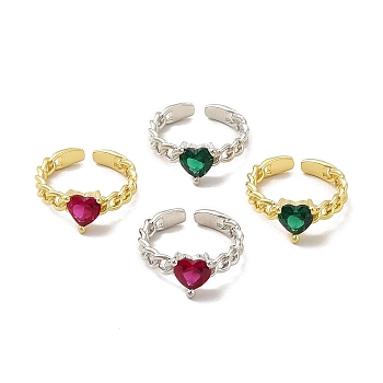Cubic Zirconia Heart Open Cuff Ring, Rack Plating Brass Jewelry for Women, Lead Free & Cadmium Free, Mixed Color, US Size 7 1/4, Inner Diameter: 17.5mm, 3~8.5mm, Heart: 8.5x8mm