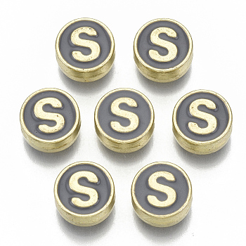 Alloy Enamel Beads, Cadmium Free & Nickel Free & Lead Free, Flat Round with Initial Letters, Light Gold, Letter.S, 8x4mm, Hole: 1.5mm