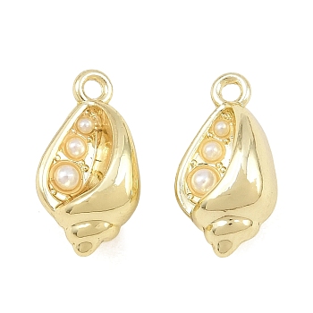 Alloy Charms, with ABS Plastic Imitation Pearl, Conch Shell Shape Charms, Long-Lasting Plated, Rack Plating, White, Golden, 15x8.5x7mm, Hole: 1.4mm