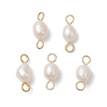 Natural Freshwater Pearl Potato Connector Charms, with 304 Stainless Steel Double Loops, White, Golden, 11x4.5x4.5mm, Hole: 2mm