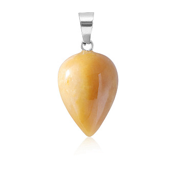 Natural Topaz Jade Pendants, Teardrop Charms with Platinum Plated Metal Snap on Bails, 26x16mm