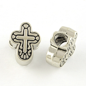 Tibetan Style Alloy European Beads, Cross, Large Hole Beads, Cadmium Free & Lead Free, Antique Silver, 14.5x10.5x7mm, Hole: 4.5mm, about 374pcs/1000g