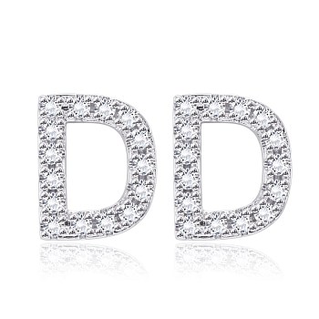 Brass Cubic Zirconia Stud Earrings, with Ear Nuts, Alphabet, Letter D, Clear, Platinum, 12.2x10x2.5mm, Pin: 0.9mm