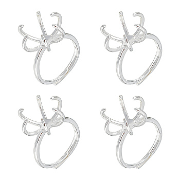 4Pcs Adjustable Brass Finger Rings Components, 6 Prong Ring Settings, Silver, US Size 6 1/2(16.9mm), Tray: 14mm