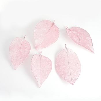 Electroplated Natural Leaf Big Pendants, with Iron Findings, Rose Gold Plated, 55~85x25~40x1mm, Hole: 3x6mm