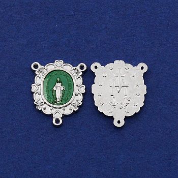 Platinum Alloy Enamel Chandelier Components Links, 3 Loop Connectors, for Rosary Bead Necklace Making, Oval with Word & Lady of Guadalupe, Lime Green, 22.5x18.5x2mm, Hole: 1mm