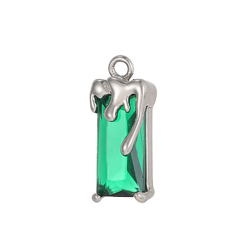 Rectangle Charms 304 Stainless Steel Cubic Zirconia Pendants, Stainless Steel Color, Green, 18x8mm