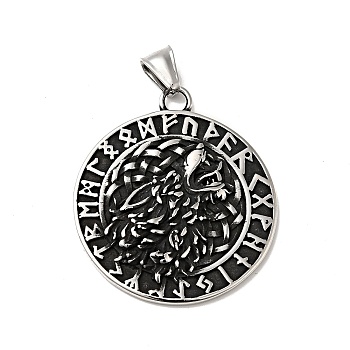 304 Stainless Steel Manual Polishing Pendants, Flat Round with Wolf & Helm of Awe Pattern Charms, Antique Silver, 44.5x39x5.5mm, Hole: 4x8mm