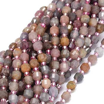 Natural Ruby Beads Strands, with Seed Beads, Faceted, Bicone, Double Terminated Point Prism Beads, 5~7x6mm, Hole: 0.8mm, about 48pcs/strand, 15.55 inch(39.5cm)