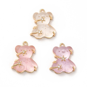Transparent Resin Crystal Rhinestone Pendants, Bear Charms, with Rack Plating Real 14K Gold Plated Brass Findings, Cadmium Free & Lead Free, Mixed Color, 23x20.5x10mm, Hole: 1.8mm