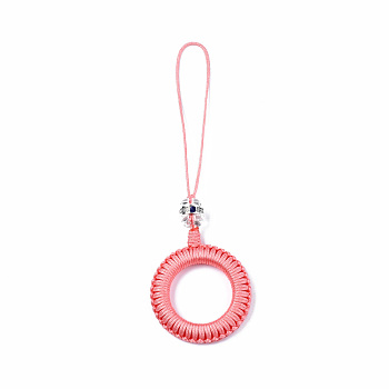 Polyester Tassel Woven Big Pendant Decorations, with Alloy Enamel Findings and Plastic Beads, Antique Silver, Light Coral, 110~115mm