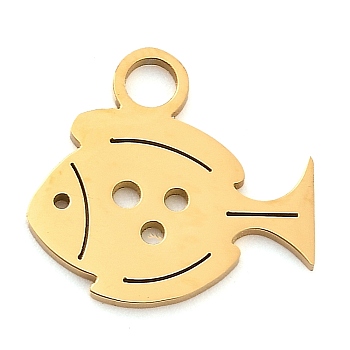 304 Stainless Steel Pendants, Laser Cut, Fish Charm, Real 18K Gold Plated, 16x17x1mm, Hole: 2.5mm