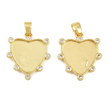 Brass Micro Pave Cubic Zirconia Pendant Cabochon Settings, Heart Charms, Rack Plating, Long-Lasting Plated, Lead Free & Cadmium Free, Golden, Tray: 15x16mm, 24x21x2.5mm, Hole: 5.5x3.5mm