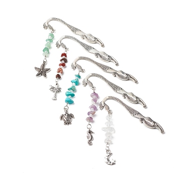 Alloy Mermaid Bookmarks, Pendant Bookmarks, Gemstone Chip Beaded Bookmarks, Mixed Shapes, 84x23x2mm