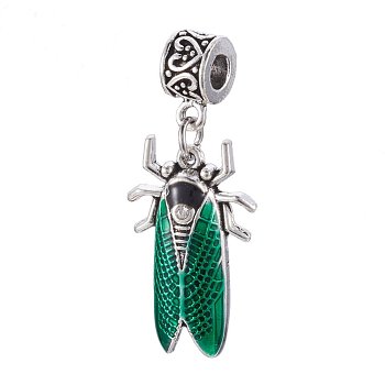 Alloy European Dangle Charms, with Rhinestone and Enamel, Large Hole Pendants, Insect, Antique Silver, Green, 46.5mm, Hole: 5mm
