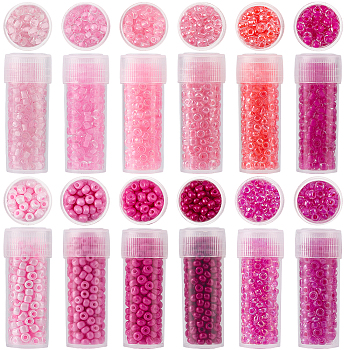 120G 12 Colors Glass Seed Beads, Mixed Styles, Round Hole, Round, Pink, 3~4x1.5~3mm, Hole: 0.8~1mm, 10g/style