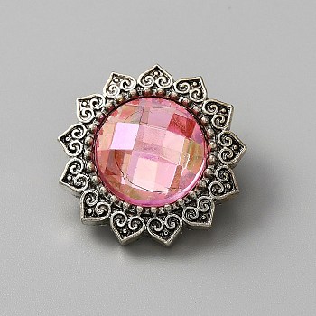 Alloy Snap Buttons, with Plastic Rhinestone, Jewelry Buttons, Flower, Pink, 20.5x11mm, Knob: 5mm