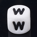 Food Grade Eco-Friendly Silicone Beads, Horizontal Hole, DIY Necklaces Making, Letter Style, Cube, Letter.W, 12x12x12mm, Hole: 2mm(X-SIL-R001-W)