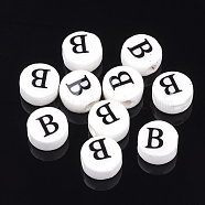 Handmade Porcelain Beads, Horizontal Hole, Flat Round with Letter, White, Letter.B, 8~8.5x4.5mm, Hole: 2mm(PORC-Q259-01B)