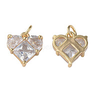 Brass Micro Pave Clear Cubic Zirconia Pendants, with Jump Rings, Nickel Free, Real 18K Gold Plated, Heart, Clear, 12x12x3.5mm, Jump Ring: 5x1mm, 3mm inner diameter(KK-N233-228B)