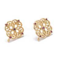 Brass Stud Earring Findings, with Cubic Zirconia and Loop, Real 18K Gold Plated, Flower, Dark Violet, 13.5x12mm, Hole: 0.8mm, Pin: 0.8mm(KK-K251-05G-01)