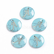 Synthetic Turquoise Charms, with Plastic Letter, Flat Round, Letter.A, 15x2mm, Hole: 1.5mm(G-L561-001A)