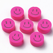 Handmade Polymer Clay Beads, for DIY Jewelry Crafts Supplies, Flat Round with Smiling Face, Fuchsia, 9x4~5mm, Hole: 1.6mm(CLAY-N008-031C)