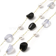 Ion Plating(IP) 316 Surgical Stainless Steel Paperclip Chains, with Natural Blue Lace Agate & Black Agate Nuggets Beads and Glass Beads, Soldered, Real 18K Gold Plated, with Spool, Link: 2.5x1x0.5mm(CHS-I019-19E)