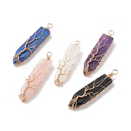Natural Mixed Stone Big Pendants, with Golden Tone Copper Wire Wrapped, Sword with Tree with Tree, 63.5x14x10mm, Hole: 4.4mm(PALLOY-JF01557)