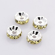 Brass Rhinestone Spacer Beads, Grade A, Straight Flange, Silver Color Plated, Rondelle, Jonquil, 8x3.8mm, Hole: 1.5mm(RB-A014-Z8mm-13S)