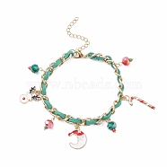 Christmas Candy Cane & Reindeer & Moon Alloy Charm Bracelet with Glass Beads, Bracelet with Aluminium Curb Chains for Women, Golden, Green, 7-1/2 inch(19cm)(BJEW-TA00090-01)