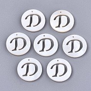 Natural Freshwater Shell Charms, Flat Round with Hollow Out Letter, Letter.D, 14.5x1.5mm, Hole: 0.9mm(SHEL-S276-119D)