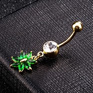 Brass Cubic Zirconia Navel Ring, Belly Rings, with 304 Stainless Steel Bar, Cadmium Free & Lead Free, Real 18K Gold Plated, Flower, Green, 38x12mm, Bar Length: 3/8"(10mm), Bar: 14 Gauge(1.6mm)(AJEW-EE0004-02B)