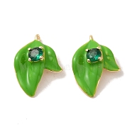 Brass Enamel Pendants, with Glass, Real 18K Gold Plated, Leaf Charm, Lime Green, 16x11.5x6mm, Hole: 1mm(X-KK-S368-06G)