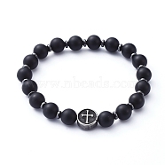 Natural Black Agate(Dyed) Beads Stretch Bracelets, with Non-Magnetic Synthetic Hematite Beads and Flat Round with Cross 304 Stainless Steel Beads, Stainless Steel Color, Inner Diameter: 1-7/8 inch(4.9cm)(BJEW-JB05233)
