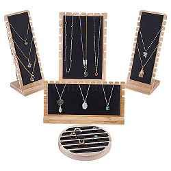 4 Styles Bamboo Necklace Organizer Display L Shaped Stands & Rings Display Tray, with PU Leather Mat, Black, 9.5~26.5x6~17x1.7~27.5cm(NDIS-FG0001-06)