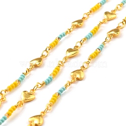 Brass Handmade Glass Bead Chains, with Spool, Soldered, Long-Lasting Plated, Golden, 10x6x1.5mm(CHC-M022-10G)