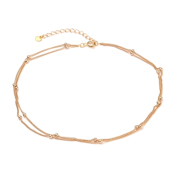 Brass Curb Chains Double Layer Necklaces, with Heart 304 Stainless Steel Charms, Brass Round Beads and Spring Ring Clasps, Real 18K Gold Plated, 13.97 inch(35.5cm), 1.3~2.6mm