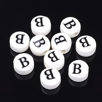 Handmade Porcelain Beads, Horizontal Hole, Flat Round with Letter, White, Letter.B, 8~8.5x4.5mm, Hole: 2mm