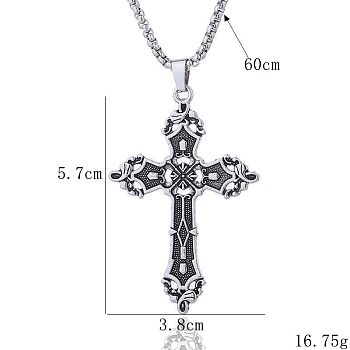 Bohemian Alloy Gothic Cross Pendant Necklaces for Women, Antique Silver, 23.62 inch(60cm)
