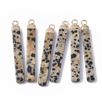 Top Golden Plated Natural Dalmatian Jasper Pendants, with Golden Tone Iron Loops, Bar, 44~45x5.5x3mm, Hole: 2mm
