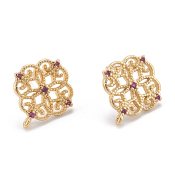 Brass Stud Earring Findings, with Cubic Zirconia and Loop, Real 18K Gold Plated, Flower, Dark Violet, 13.5x12mm, Hole: 0.8mm, Pin: 0.8mm