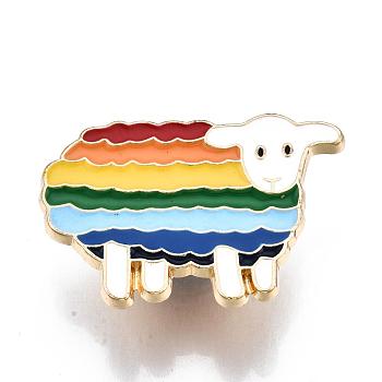 Alloy Brooches, Enamel Pin, with Brass Butterfly Clutches, Rainbow Sheep, Light Gold, Colorful, 20.5x30x2mm, Pin: 1mm