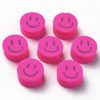 Handmade Polymer Clay Beads, for DIY Jewelry Crafts Supplies, Flat Round with Smiling Face, Fuchsia, 9x4~5mm, Hole: 1.6mm