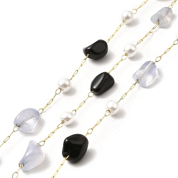 Ion Plating(IP) 316 Surgical Stainless Steel Paperclip Chains, with Natural Blue Lace Agate & Black Agate Nuggets Beads and Glass Beads, Soldered, Real 18K Gold Plated, with Spool, Link: 2.5x1x0.5mm