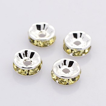 Brass Rhinestone Spacer Beads, Grade A, Straight Flange, Silver Color Plated, Rondelle, Jonquil, 8x3.8mm, Hole: 1.5mm