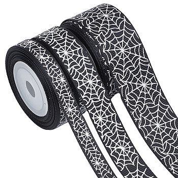 3 Rolls 3 Styles  Halloween Printed Polyester Grosgrain Ribbon, Spider Web Pattern, for Costume Decoration, Black, 3/8 ~1 inch(9~26mm), 5 yards/roll, 1 roll/style