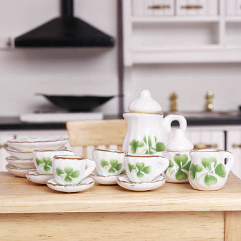 Mini Ceramic Tea Sets, including Cup, Teapot, Saucer, Micro Landscape Garden Dollhouse Accessories, Pretending Prop Decorations, Clover, 13~27mm, 15pcs/set