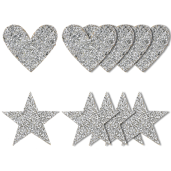 16Pcs 2 Style TPU Iron on/Sew on Clothing Patches, Beading Appliques, Heart/Star, Silver, 69~74x78~80x2.5mm, 8pcs/style