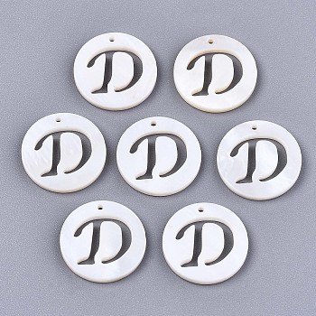 Natural Freshwater Shell Charms, Flat Round with Hollow Out Letter, Letter.D, 14.5x1.5mm, Hole: 0.9mm